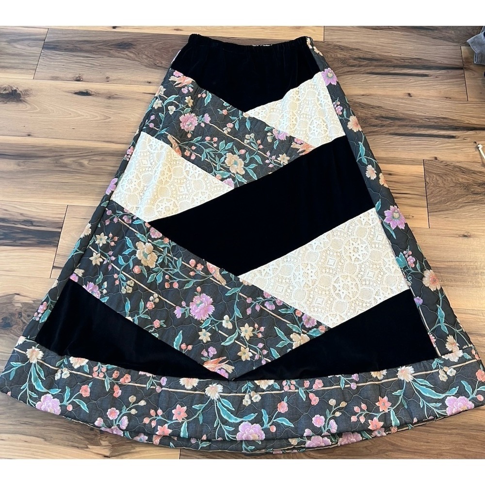 Boho Patchwork Quilted Maxi Skirt Floral Lace Velvet Handmade Altered